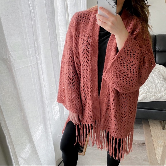 Kimchi Blue Sweaters - Kimchi Blue Pink Boho Fringe Open Front Cardigan
